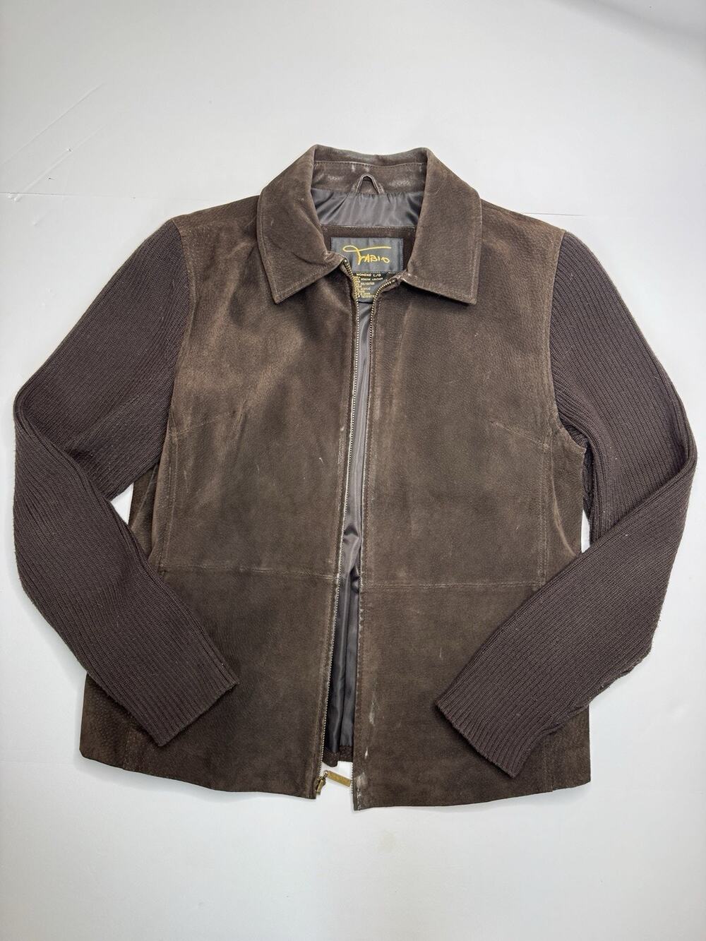Fabio Womens L Brown Suede Leather Jacket Knit Sleeves Full Zip Y2K Vintage